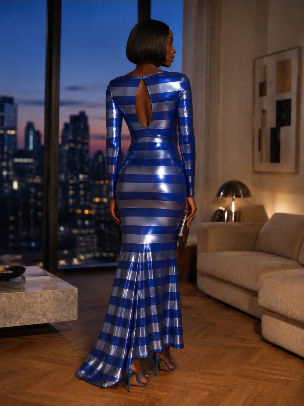 Blue Metallic Striped Long Sleeve Evening Dress - Picture 2 of 4